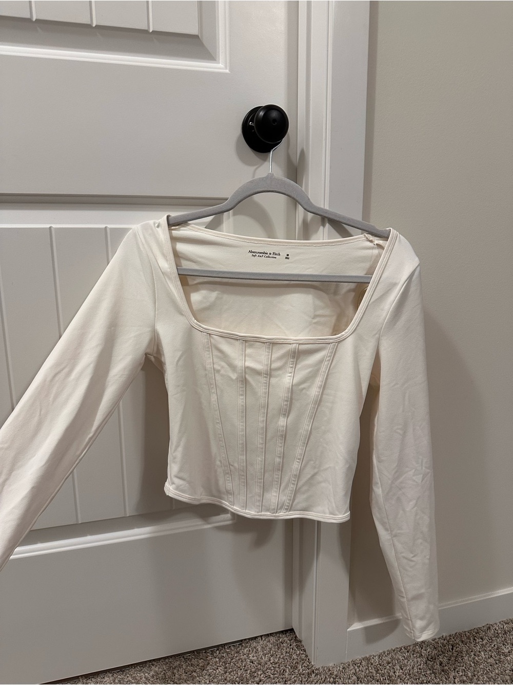 Abercrombie & Fitch Cream Square-Neck Long Sleeve Corset Top - Soft Ivory